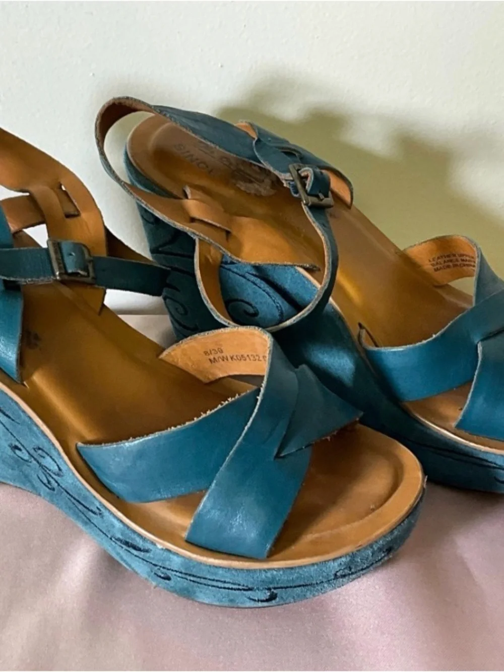 Kork-Ease Teal Leather Platform Sandals for Women